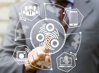 Bussinesman presses fingerprint sign service security concept on virtual screen. Safety, support,...