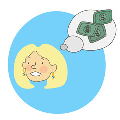 Character with minds cloud is thinking about money and wealth.Vector EPS 10