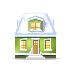 winter green house. Country cozy house, covered in snow