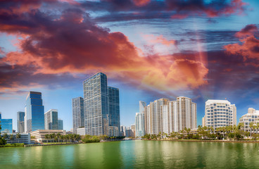 Brickell Key, Miami. City skyline at sunset, panoramic view