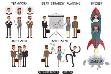 Startup  technology business concept web infographic vector illustration, Business people set 24. Businessman on a rocket