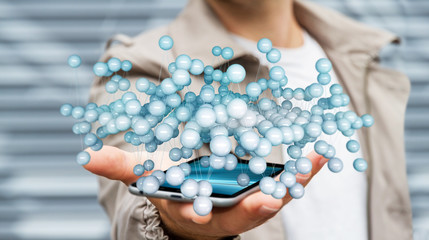 Businessman holding abstract connection interface over phone 3D