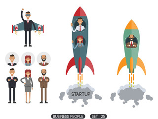Startup. Vector illustration. Business people set 25. Businessman on a rocket