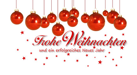 Weihnachtskarte Frohe Weinachten, mit roten Weihnachtskugeln