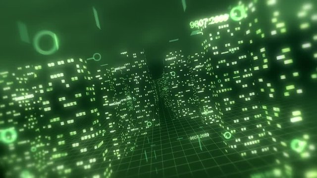 3D financial city flight animation, seamless loop. Green theme.