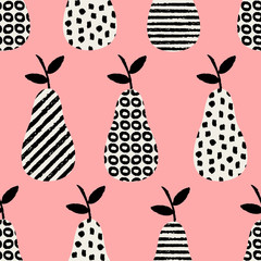 Seamless pattern with pears in black and white on pink background.