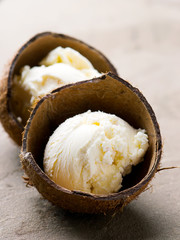 coconut ice cream in coconut shell.