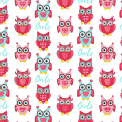 Cute pink owls seamless vector pattern
