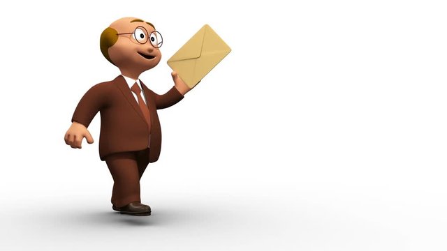 Cute 3D business man walking with envelope