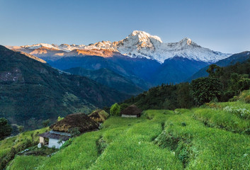 Mountain village in the morning seen during trip around Annapurna mountain