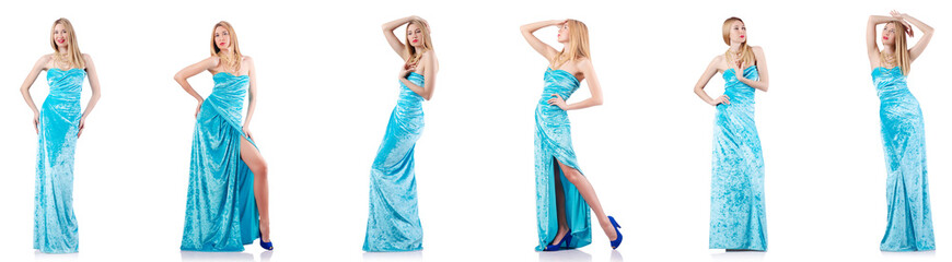 Fashion concept with tall model on white