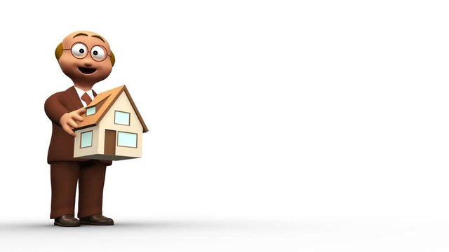 Cute 3d estate agent character offering new home