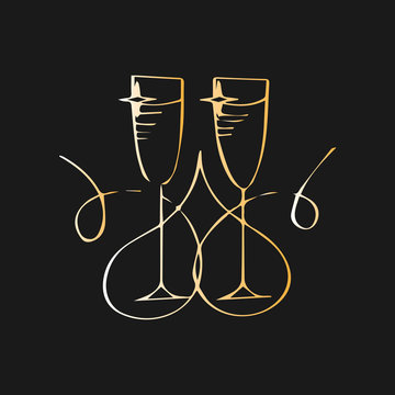 Champagne glasses. Vector illustration. Minimalist concept with line style glass. Two glasses of champagne. Merry Christmas and Happy New Year concept. Symbol of celebration, holiday.