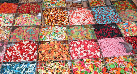 sugary candy and chewy for sale in candy stall in the local mark