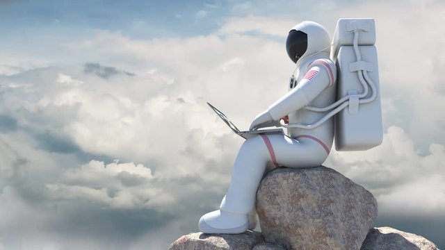 Astronaut Sitting On A Rock And Working With Computer