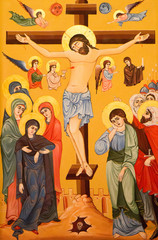 Obraz na płótnie Canvas Vienna, Austria, 2016/11/26. The icon of crucifixion of Jesus Christ in Saint Hripsime Church (Armenian Apostolic Church).
