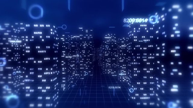 3D financial city flight animation, seamless loop. Blue theme.