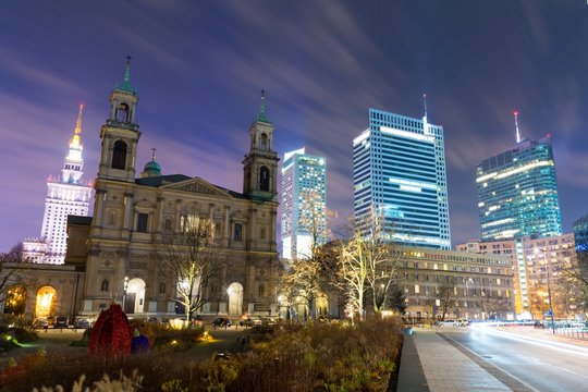 downtown area in Warsaw at night, Poland