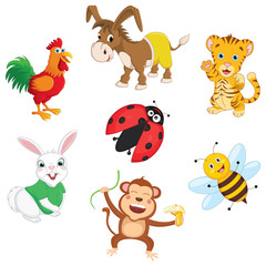 Obraz na płótnie Canvas Vector Illustration Of Cartoon Animals, ladybug, rabbit, monkey, bee