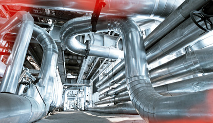 Industrial zone, Steel pipelines and valves in blue tones
