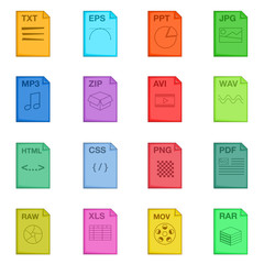 File extension icons set. Cartoon illustration of 16 file extension vector icons for web