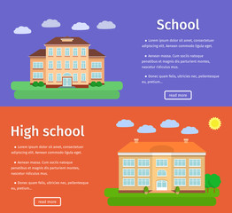 Two banners of school buildings with text. Flat design. Colorful background. Vector illustration.