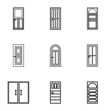 Interior doors icons set. Outline illustration of 9 interior doors vector icons for web