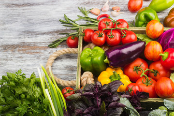 Set of raw vegetables in the wooden tray