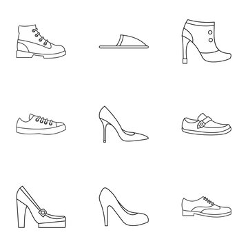 Types of shoes icons set. Outline illustration of 9 types of shoes vector icons for web