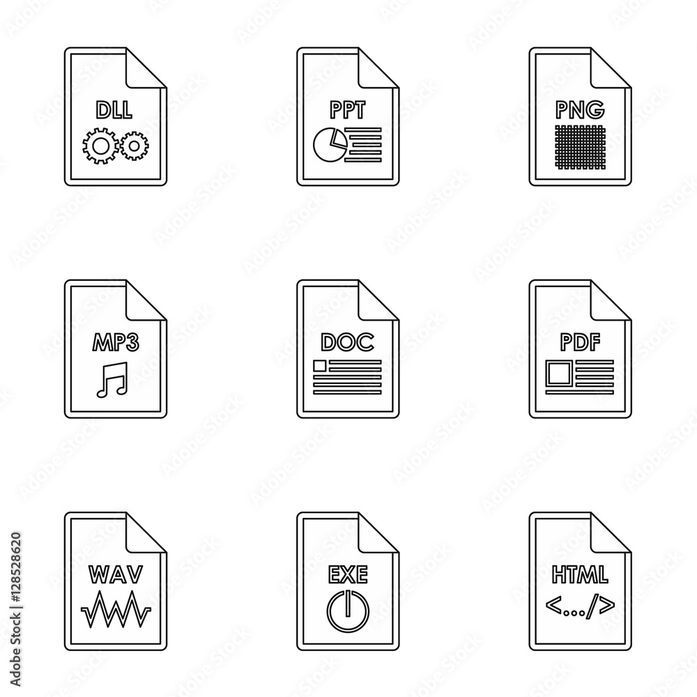 Poster document types icons set. outline illustration of 9 document types vector icons for web