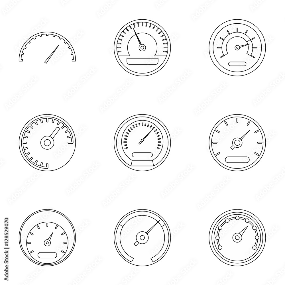 Aufkleber types of speedometers icons set. outline illustration of 9 types of speedometers vector icons for we