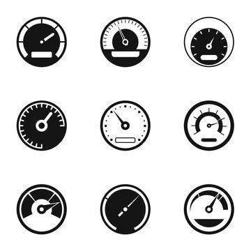 Engine speedometer icons set. Simple illustration of 9 engine speedometer vector icons for web