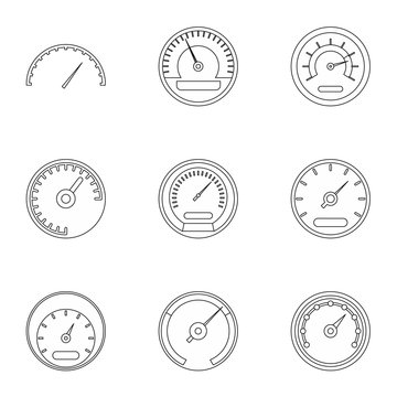 Types of speedometers icons set. Outline illustration of 9 types of speedometers vector icons for web