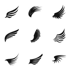 Types of wings icons set. Simple illustration of 9 types of wings vector icons for web