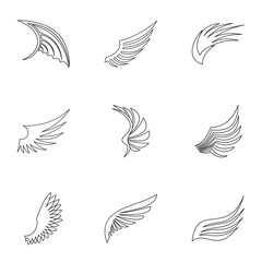 Feather wings icons set. Outline illustration of 9 feather wings vector icons for web