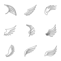 Fototapeta premium Feather wings icons set. Outline illustration of 9 feather wings vector icons for web