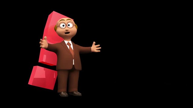 Senior 3D business man character with exclamation mark