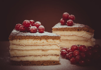 Pieces puff cheesecake decorated with icing sugar