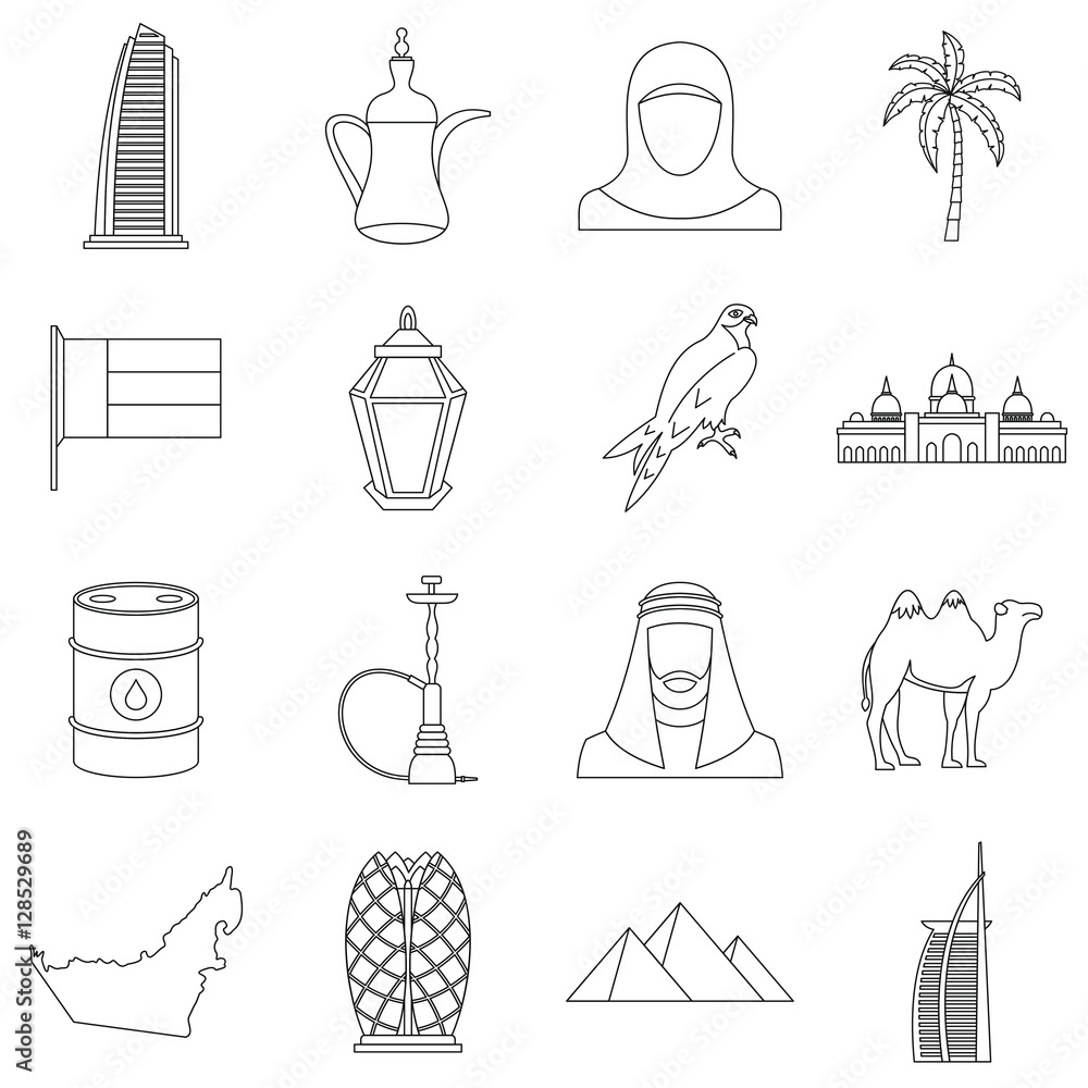 Wall mural UAE travel icons set. Outline illustration of 16 UAE travel vector icons for web