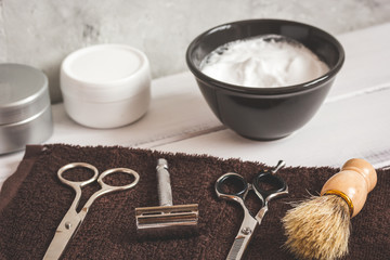 Mens hairdressing wooden desktop with tools