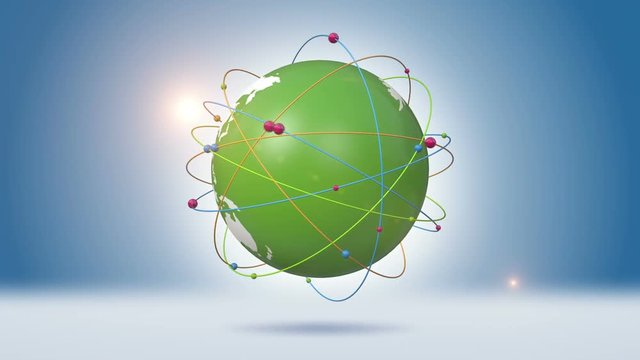 Colorful Spheres Rotating Around Orbiting Green Globe