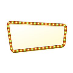 Blank 3d retro light banner with shining lights. Red sign with green and yellow bulbs and bright blank space for text. Vintage street signboard. Advertising frame. Colorful vector illustration.