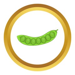 Green pea pod vector icon in golden circle, cartoon style isolated on white background
