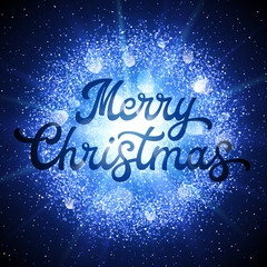 Christmas lettering inscription on abstract explosion background with glittering elements and glowing star. Xmas banner. Christmas dust firework light effect with glow. Holiday vector illustration.