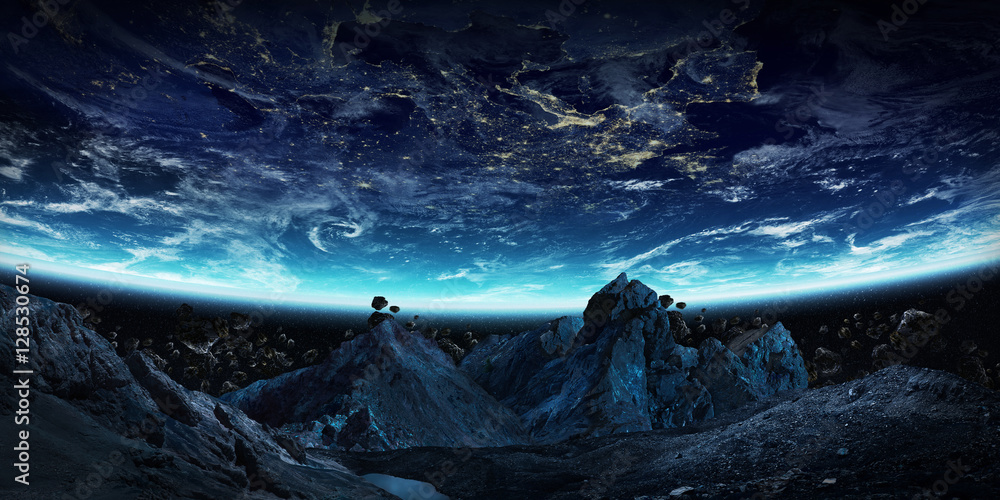 Poster gigantic asteroids about to crash earth 3d rendering elements of