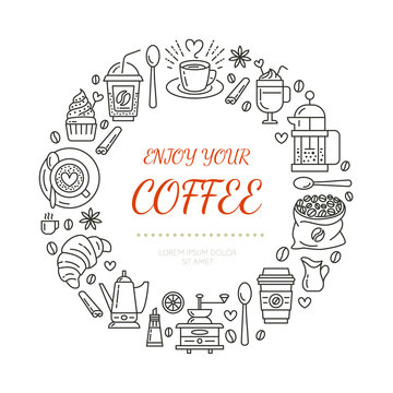 Coffee shop poster template. Vector line illustration of coffeemaking equipment. Elements - espresso cup, french press, croissant, hot drinks, cupcake, grinder. Cafe, bar banner design