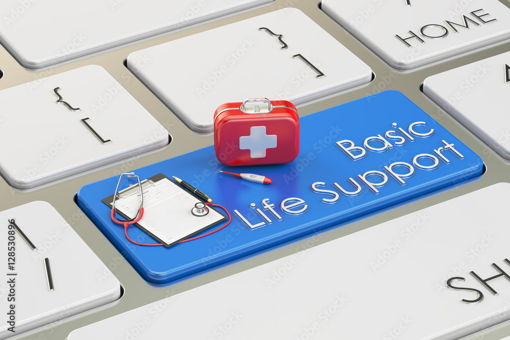 Aufkleber basic life support key on keyboard, 3d rendering