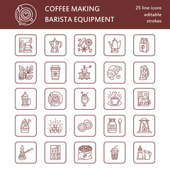 Vector line icons of coffee making equipment. Elements - moka pot, french press, coffee grinder, espresso, vending, coffee plant. Linear restaurant, shop pictogram with editable stroke for coffee menu