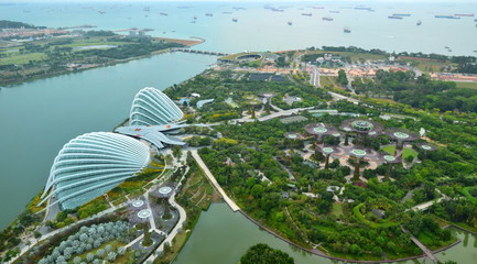 Aerialview of Singapore landscape over the Garden by the bay in Marina bay sand