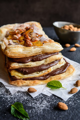 Mille-feuille with chocolate cream and caramelized almond topping